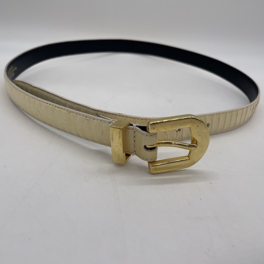 Vintage Womens M/L Belt Skinny Snakeskin Belt Cream‎ Gold Buckle 27.25"-31.25"